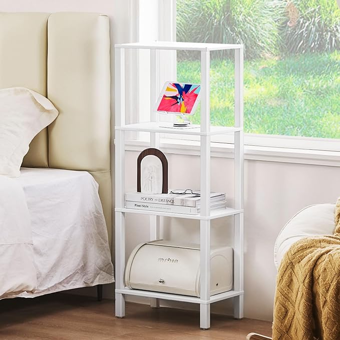 4 Tier Tall Wooden Bookshelf with Storage - Small White Bookcase for Small Spaces, Shelf for Living Room, Office, Bedroom, Kitchen - Industrial Modern Book Shelf