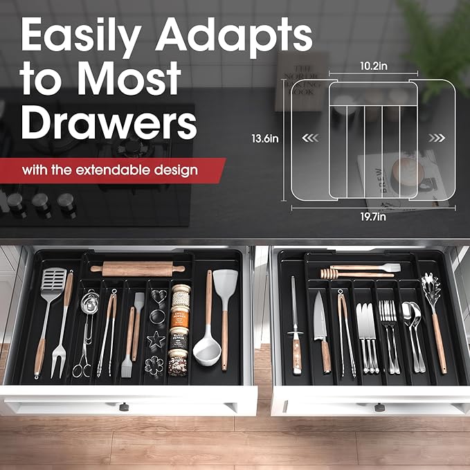 Aujen Silverware Organizer - Expandable Kitchen Drawer Organizer, Adjustable Utensil Organizer, Cutlery Tray for Forks, Knives, Multipurpose Kitchen Organizers and Storage Solution, Black, Large-NeatNest