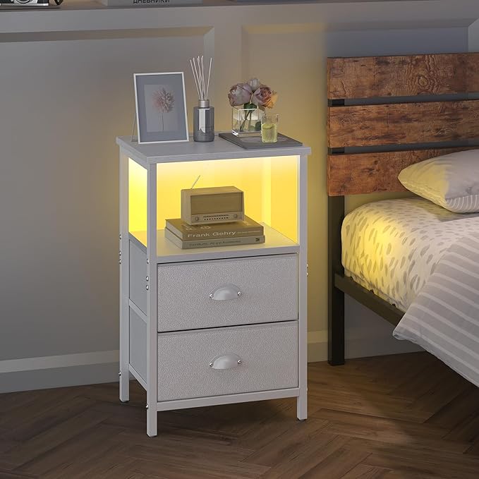 Nightstand with Charging Station, LED Night Stand with 2 Fabric Drawers PU Finish, Bedside Tables End Table with LED Light, 3-Tier Storage Side Table Nightstand with Drawers for Bedroom,White