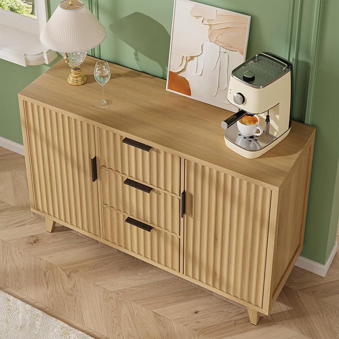 47.2" W Storage Cabinet with 3 Drawers, Fluted Buffet Cabinets with Storage, Large Sideboard with 2 Door, Modern Mid Century TV Stand Coffee Bar Furniture for Living Room, Kitchen, Entryway