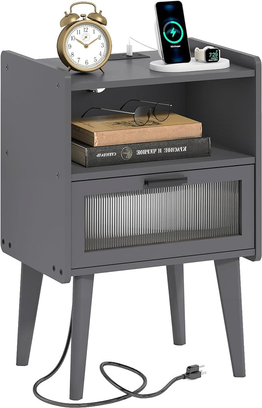 Nightstand with Charging Station, Bedside Tables Grey End Table Side Table with 2 Tiers Storage Space, for Bedroom Living Room CAMLBZ07ZE