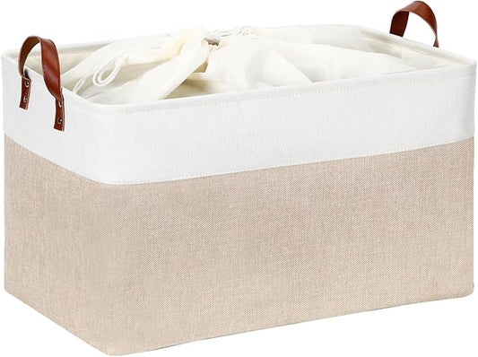 DULLEMELO 70L Extra Large Storage Bin, 22" x 15" x 13" Oversized Storage Basket, Collapsible Storage Box, Fabric Clothes Toys Blanket Basket for Shelves, Laundry, Nursery (White&Khaki)-NeatNest