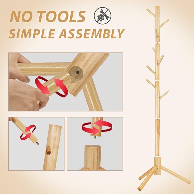 Durable Wooden Coat Rack, Freestanding Coat Rack with Stable Triangular Base, 8 Hooks & 3 Adjustable Heights, Simple Assembly for Bedroom, Hallway, Office(New Nature)-NeatNest