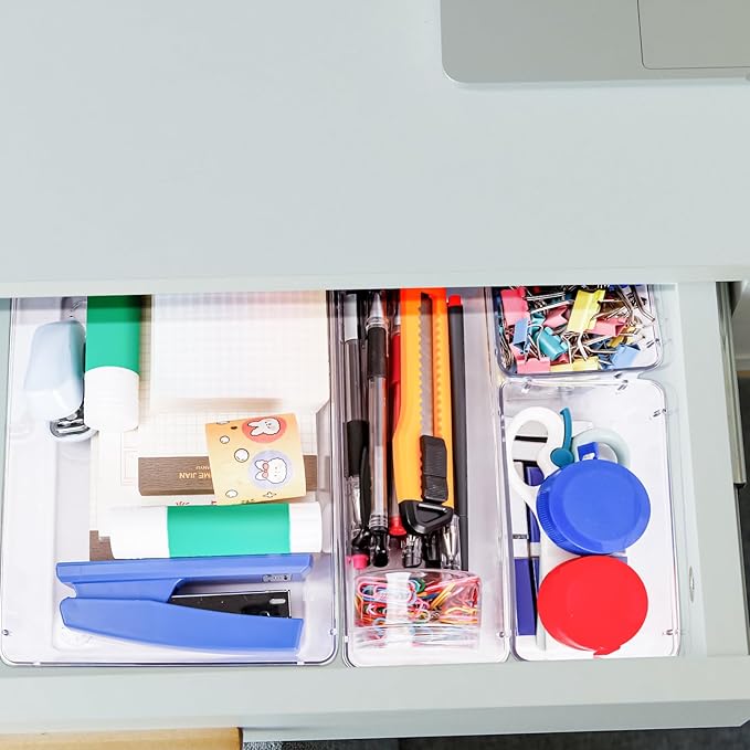 4 PCS Clear Plastic Drawer Organizer, Desk Drawer Divider Organizers and Storage Bins for Makeup, Jewelry, Gadgets for Kitchen, Bedroom, Bathroom, Office (9.0"x6.0"x2.2")-NeatNest