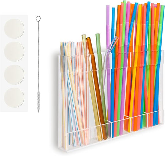 Acrylic Straw Holder for Cabinet Door with Double Sided Adhesive Tape Reusable Tumbler Straw Organizer Storage Container Dispenser for Counter Cabinet Cupboard Kitchen(Transparent)