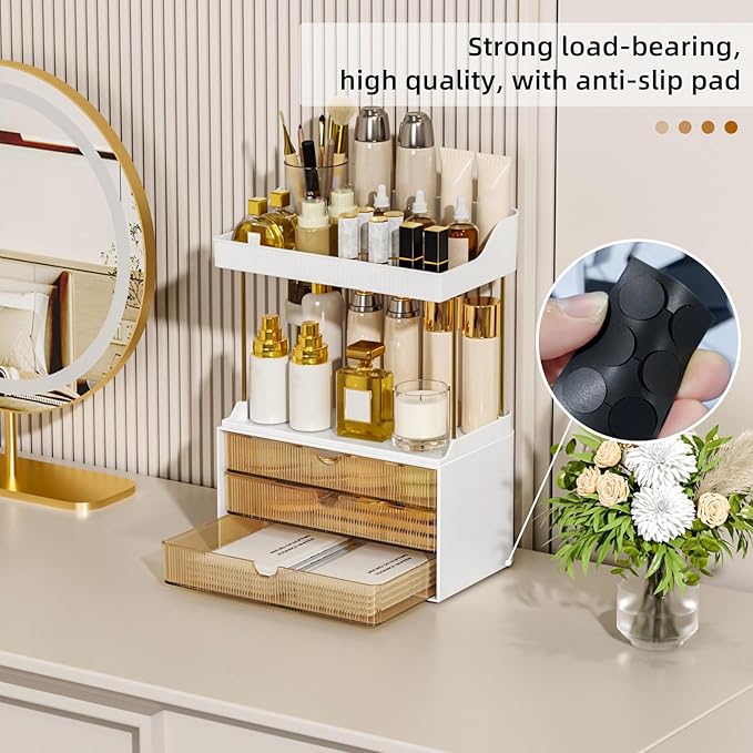 3 Drawers Makeup Organizer - 5 Tier Bathroom Organizers and Storage, Versatile Perfume Vanity Organizer, Ideal for Cosmetic, Large Skincare, Face Mask, Office Supplies, Amber-NeatNest