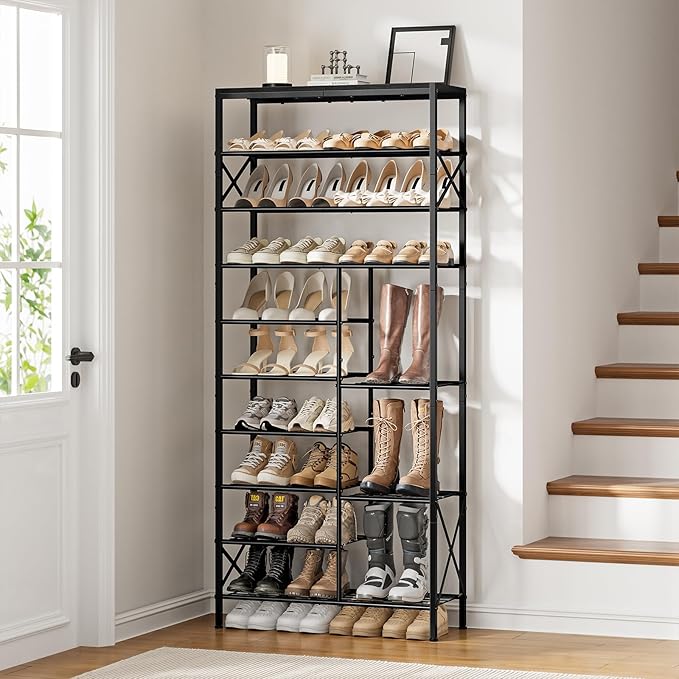 10-Tier Shoe Rack, Shoe Storage Organizer with Boots Storage, Large Capacity Shoe Shelf Holds 27-30 Pairs of Shoes, Durable and Stable, for Entryway, Closet, Hallway, Dorm Room, Black-NeatNest