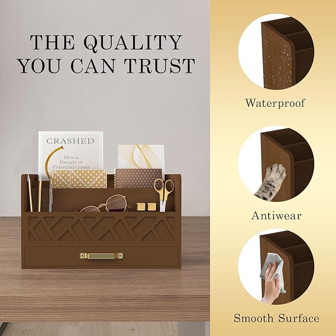 Bamboo Mail Organizer Countertop Wood Desk Organizer Drawer Tabletop Storage Box Letter Sorter Makeup Organizer for School Home Office Supplies Brown-NeatNest