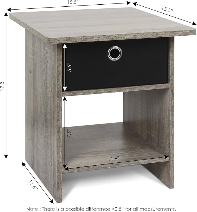Furinno Dario End Table / Side Table / Night Stand / Bedside Table with Bin Drawer, 1-Pack, French Oak Grey/Black