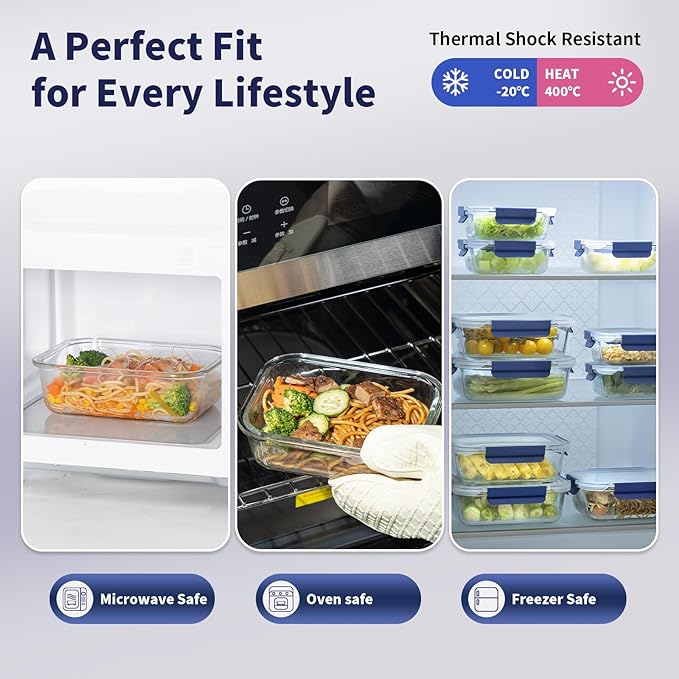 30 Pieces Glass Food Storage Containers with Snap Locking Lids,Glass Meal Prep Containers Set - Airtight Lunch Containers, Microwave, Oven, Freezer and Dishwasher BLUE