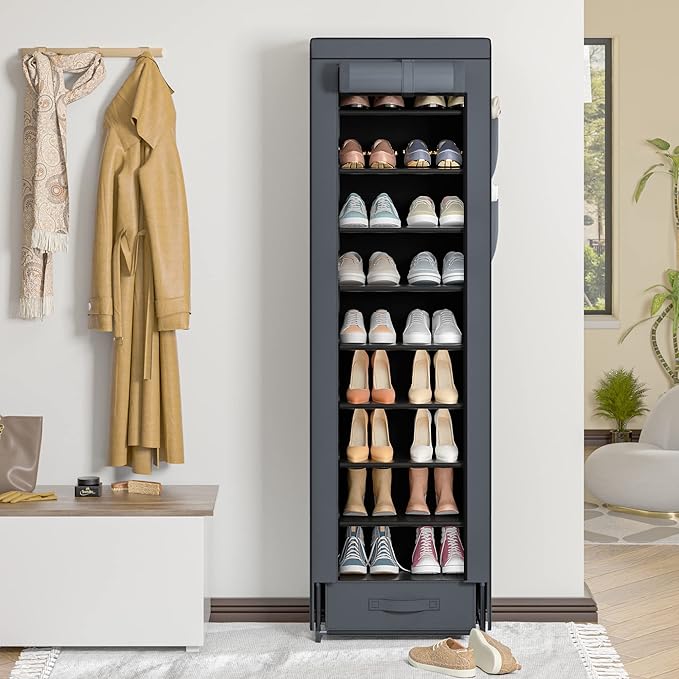 Shoes Rack 10 Tier Tall Narrow Shoe Rack with Bin Covered Shoe Shelf Storage Organizer Closet Stackable Shoe Stand-NeatNest