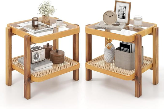 GOFLAME Rattan End Table Set of 2, Boho Nightstand with Tempered Glass Top, Rattan Storage Shelf, Solid Wood Legs, Sofa Side Accent Table, 2 Tier Glass Side Table for Living Room, Bedroom, Natural