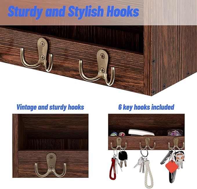5 Tier Hanging Wall File Holders Letter Size Wall File Organizer Wood Mail Organizer with 6 Hooks, Brown