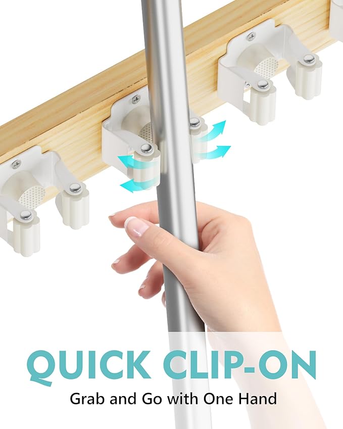 Mop and Broom Holder Wall Mount, No Drill Over the Door Broom and Mop Holder with 4 Slots and 2 Hooks, Wood Tool Hanger for Laundry, Cabinet, Kitchen, Garage