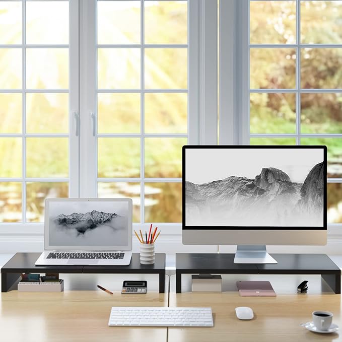 TEAMIX 2 Pack Monitor Stand Riser-20 inch, Black Desktop Stand for PC/TV/Laptop/Printer, Keyboard Shelf Organizer Wood Monitor Riser with Storage-NeatNest