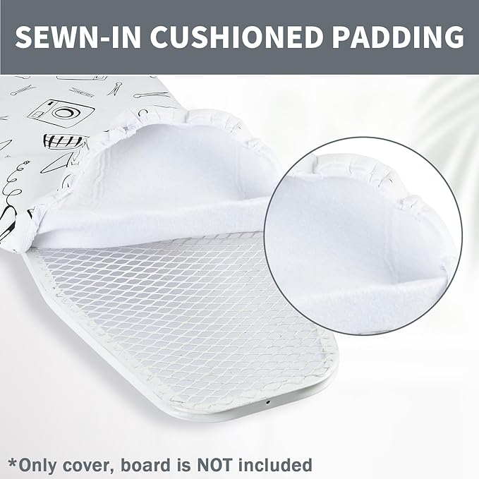 Seiritex Over The Door Ironing Board Cover 14 x 42 inch, Thick Padding and Heat Reflective with Hook and Loop Fasteners, 3 Layers Iron Board Cover (White)