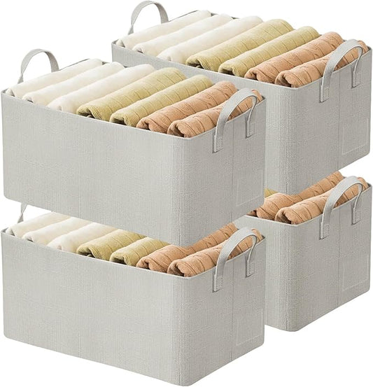 AARAINBOW 4 Pcs Closet Clothes Organizer with Handle, Fabric Storage Box with Steel Frame Stackable Shelf Storage Baskets Foldable Fabric Storage Baskets for Organizing Clothes Toys, 23L (B 4 White)-NeatNest