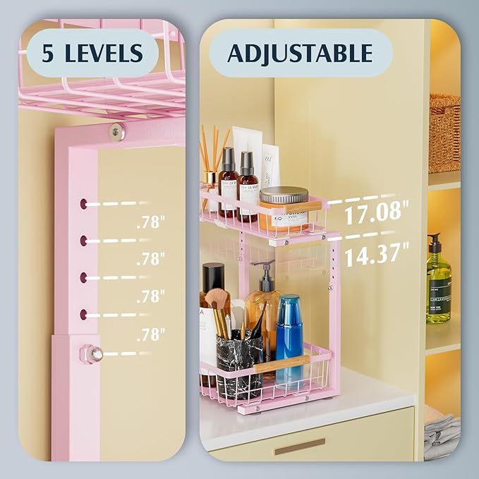 Under Sink Organizers, 2 Pack Kitchen Bathroom cabinet organizer, 2 Tier under bathroom kitchen sink organizer, Height Adjustable Bathroom Organizers and Storage, Pink-NeatNest