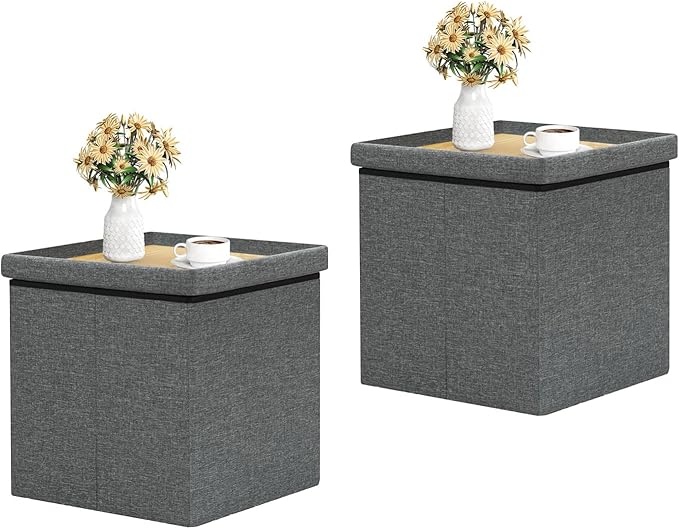 B FSOBEIIALEO Storage Ottoman with Tray, Linen Small Coffee Table Folding Foot Rest Seat Cube, Dark Grey 16"X15.7"x15" Double (2 Pack)-NeatNest