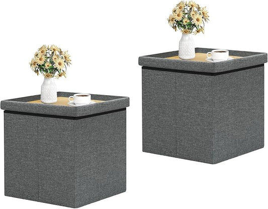 B FSOBEIIALEO Storage Ottoman with Tray, Linen Small Coffee Table Folding Foot Rest Seat Cube, Dark Grey 16"X15.7"x15" Double (2 Pack)-NeatNest