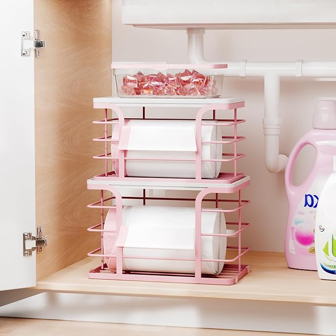 2 Pack Trash Bag Dispenser with Bamboo Top,Wall Mount Garbage Bag Holder,Stackable Kitchen Laundry Pantry Organizers for Countertop Organization,Pink-NeatNest