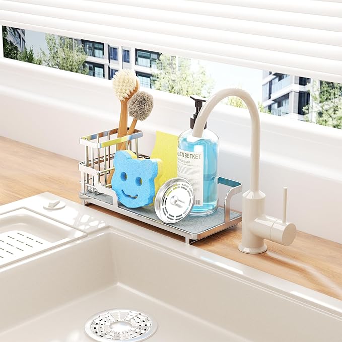 Consumest Sponge Holder for Kitchen Sink - Sink Caddy Organizer with Water Absorbing Stone Tray, Detachable Brush Holder, Stainless Steel Kitchen Counter Organizer Rack, Silver-NeatNest