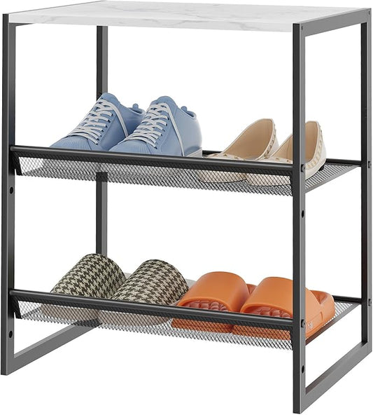 Garden 4 you 3 Tiers Narrow Shoe Rack,Small Space Freestanding Shoe Storage Organizer with White Wooden Tabletop,Adjustable Metal Shelf Stackable Shoe Shelf for Entryway Hallway Living Room Closet-NeatNest