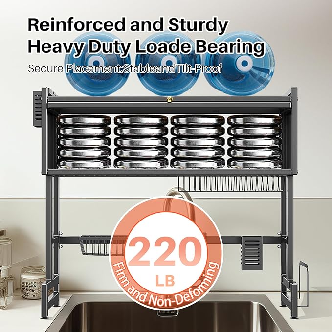 Over The Sink Dish Drainer Drying Rack 3 Tiers with Cover, Keep Kitchen Sink Shlef Organized Space-Saving Dish Drying Rack, Large Stainless Steel Sink Drying Rack for Dishes, Bowls, Cutlery (33.4"W)