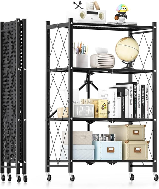 HealSmart Heavy Duty 4-Tier Foldable Metal Rack, 28.0" D x 13.4" W x 49.2" H Storage Shelving Unit with Wheels Moving Organizer Shelves for Garage Kitchen, Black-NeatNest