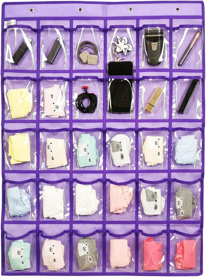 Classroom Pocket Chart for Phone Calculator Holder Over The Door Hanging Closet Jewelry Organizer with 30 Clear Pockets (Purple)-NeatNest