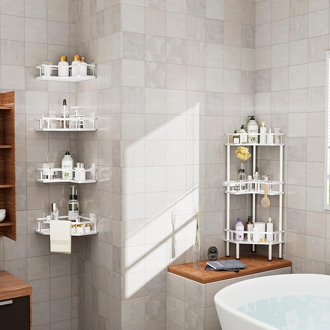 FJNATINH Corner Shower Caddy - 4 Tier Shower Organizer Corner Shelf Stand, Stainless Steel Standing Tall Floor Shower Shelf Rack Storage Stands for Bathroom Balcony Kitchen, No Drilling Shelves, White