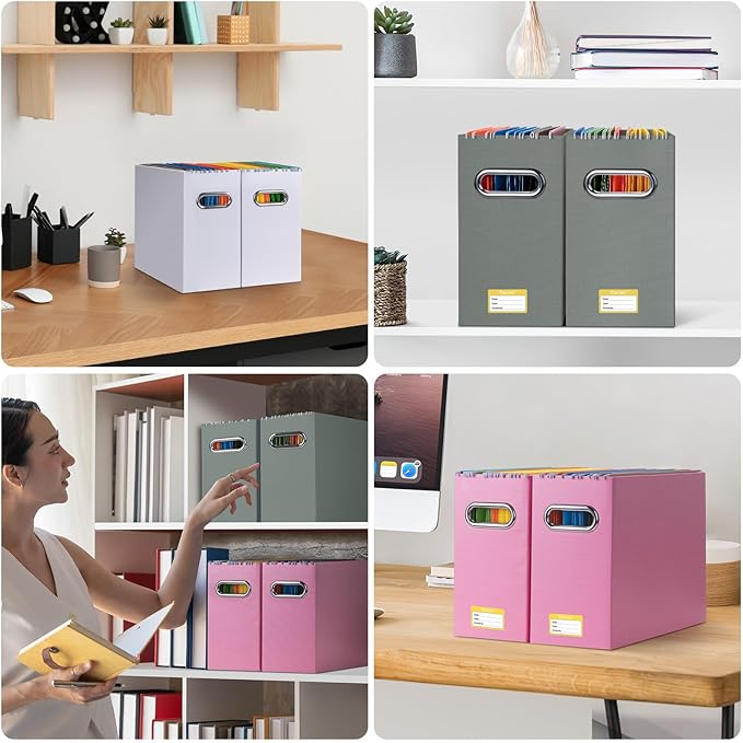BALEINE File Organizer Box, Cardboard File Folder Organizer with Handle for Letter Size, Portable Collapsible Hanging Filing Box for Home Office Document Storage (4 Pack, Grey)-NeatNest