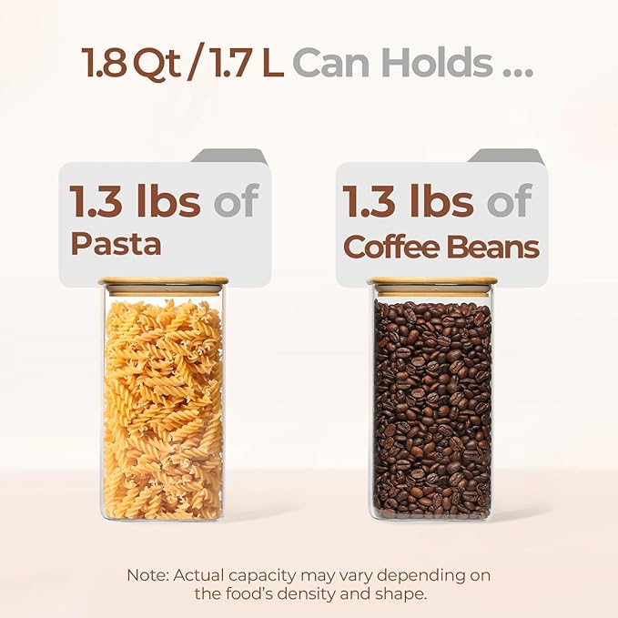 ComSaf 1.8 Qt Rectangle Glass Storage Containers with Lids, Glass Jars with Bamboo Lids, Clear Food Storage Jar, Sugar Coffee Containers, Pantry Storage Container for Pasta Rice Flour Oats Nuts Tea-NeatNest