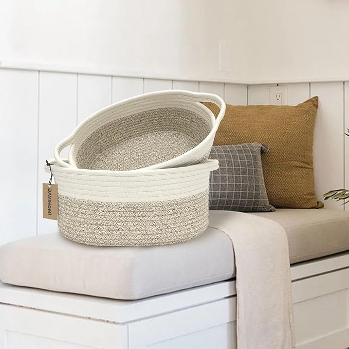 2PACK Oval Cotton Rope Storage Baskets (White Brown) for Bedroom, Living Room, Laundry Room & More
