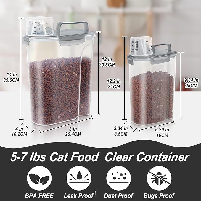 Cat Dog Food Storage Container, Upgraded Large Nozzle BPA-free, 3&5lbs Plastic Pet Food Storage Containers, With 4 Sealed Clasps, 1 Measuring Cup and Handle, Easy to Clean and Carry -Clear Grey 2Pack-NeatNest