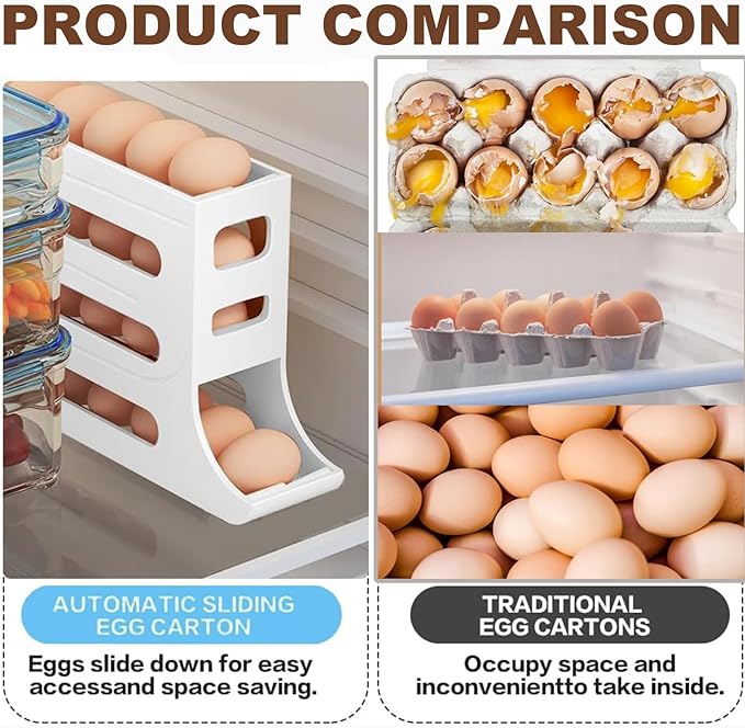30 Eggs Fridge Dispenser 4 Tier Egg Holder for Refrigerator Countertop Container Large Capacity Auto Rolling Tray Organizer Storage Automatic Distributor Rack Space Saving for Kitchen