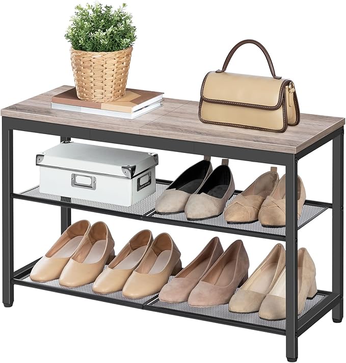 HOOBRO Shoe Bench, 3-Tier Shoe Rack, Industrial Shoe Organizer Storage Bench, 29.5 inches Entry Bench with Mesh Shelves, for Entryway, Living Room, Hallway, Easy Assembly, Greige BG75HX01-NeatNest