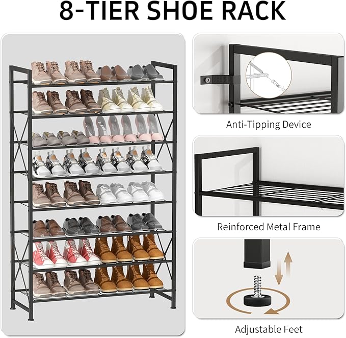 8 Tier Shoe Rack, Sturdy Metal Shoe Organizer Holds 40 Pairs, Tall Space-Saving Shoe Rack for entryway, Closet, Garage, Bedroom, Front Door Entrance-NeatNest