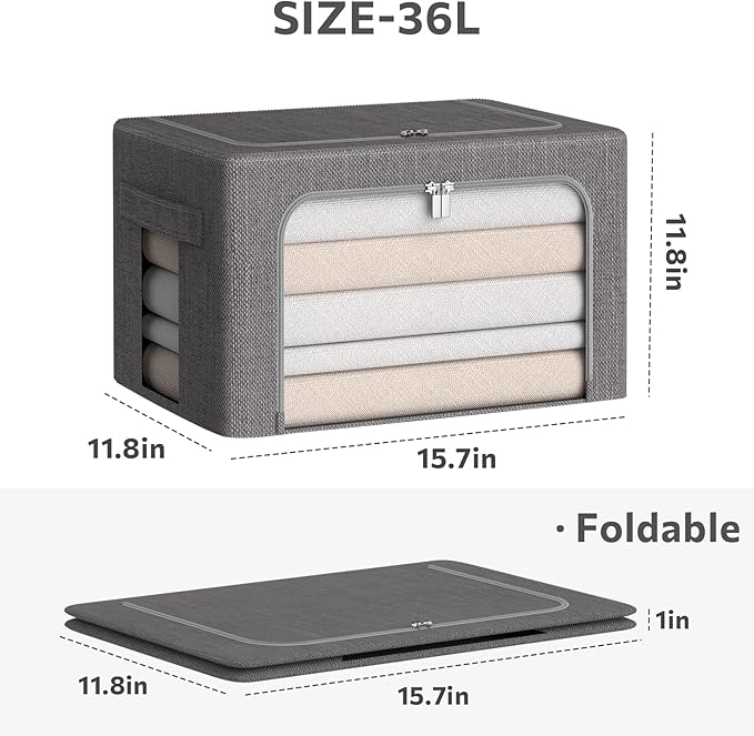 Clothes Storage Bins Box - Linen Fabric Foldable Stackable Container Organizer Set with Clear Window & Carry Handles & Metal Frame (Dark Gray, Medium-36L)-NeatNest