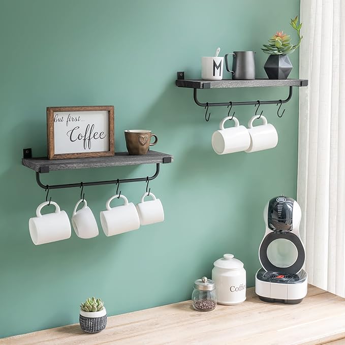 Mkono Mug Holder Wall Mounted Coffee Mug Rack Set of 2 Rustic Floating Shelf for Coffee Bar Accessories Wood Tea Cup Hooks Hanger for Organizing Cooking Utensils, Home Kitchen Decor, Grey
