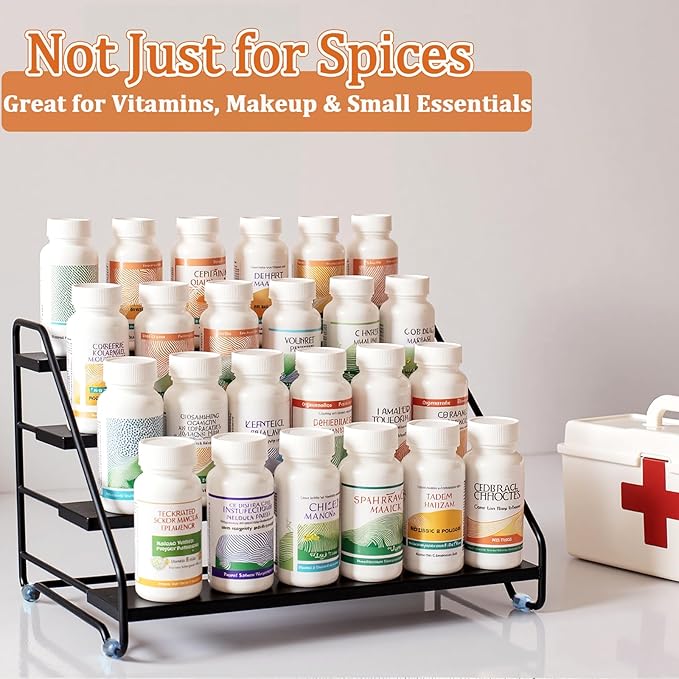 4 Tier Spice Rack Organizer for Cabinet, Step Adjustable Spice Shelf Seasoning Organizer with Non Slip Tiers, Expandable Metal Spice Rack for Kitchen Countertop, Pantry, Cupboard – Black-NeatNest
