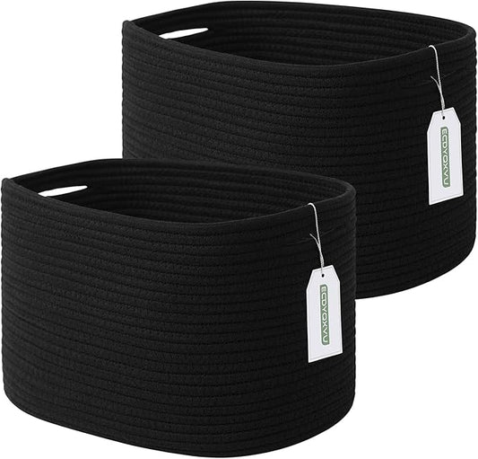 Cotton Rope Storage Basket, 15x10x9 Inches, Woven Basket for Shelves, Clothes, Toys, Towels, Books, and Laundry, Durable and Stylish, Black (2 Pack)-NeatNest