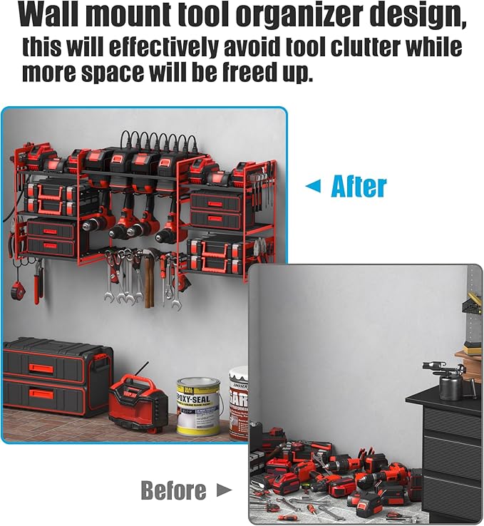 CCCEI Red Power Tool Organizer Wall Mount, Large Tools and Battery Storage Rack Charging Station Individual Switches. Drills Holder, Garage Utility Shelves with 6FT Power Strip. Gift for Men.-NeatNest