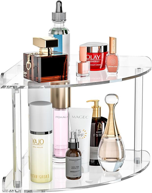 2 Tier Acrylic Corner Shelf Organizer Storage 9.5x9.5x8 Inch, Transparent Countertop Corner Shelf for Bathroom, Kitchen, Bedroom, Office, Study Room-NeatNest