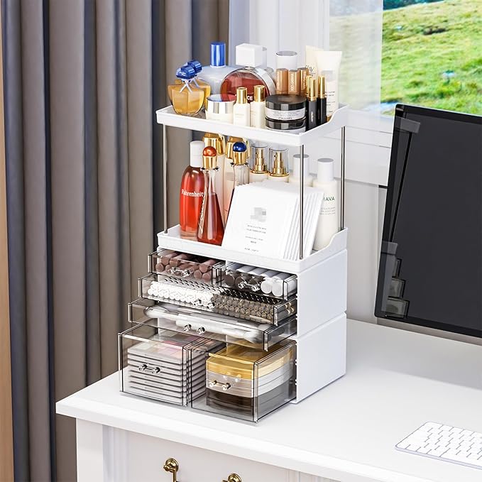 Yieach Bathroom Counter Organizers and Storage,White Acrylic Makeup Organizers with Drawers for Vanity,Bedroom,Plastic Skincare Organizer for Dresser Top Beauty,Cosmetic,Lotion and Perfume Organizer-NeatNest