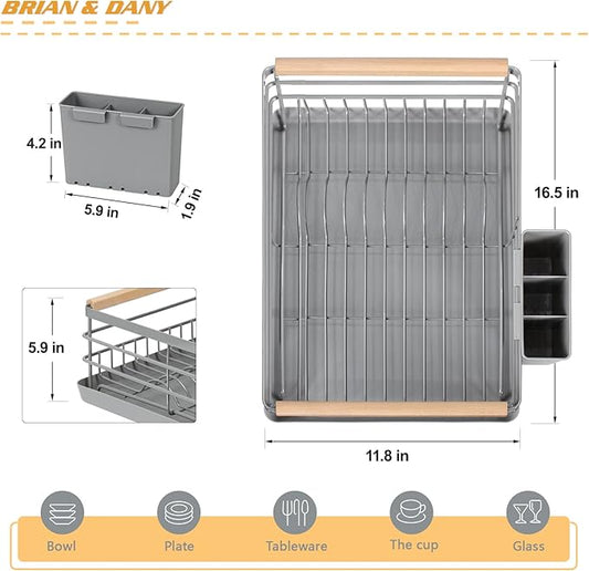 BRIAN & DANY Dish Drying Rack, Dish Racks for Kitchen Counter, Stainless Steel Dish Drainer with Removable Cutlery Holder & Drainboard, Grey-NeatNest
