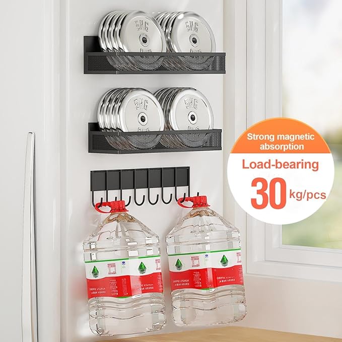 3-Pack Magnetic Spice Rack for Refrigerator - Heavy Duty Metal Kitchen Organizer with Hooks, Space-Saving Cabinet Storage, Rustproof & Easy to Clean