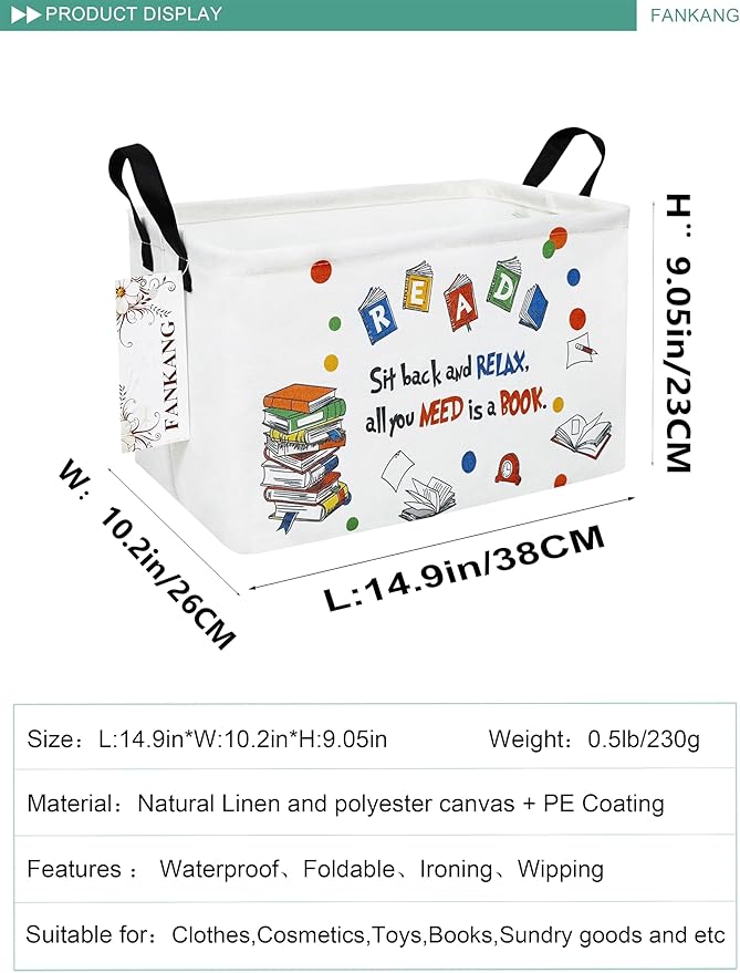 FANKANG Storage Bins, Nursery Hamper Canvas Laundry Basket Foldable with Waterproof PE Coating Large Storage Baskets for Kids Boys and Girls, Office, Bedroom, Clothes,Toys(Rec-Reading ）