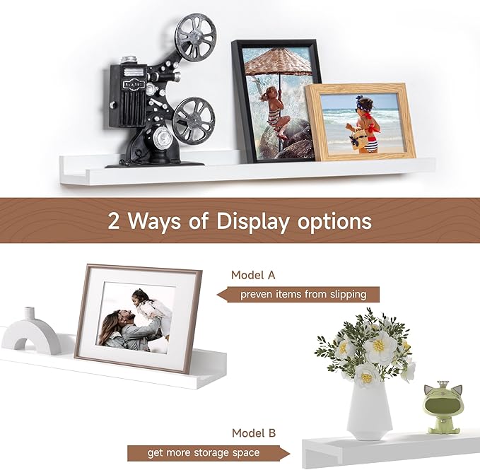 Fun Memories Picture Ledge Shelf, 24 Inch Floating Shelves Set of 2, Nursery Book Shelves for Toys Storage, Kids Bookshelf Wall Mounted for Wall Decor Books Photo Frames, White-NeatNest