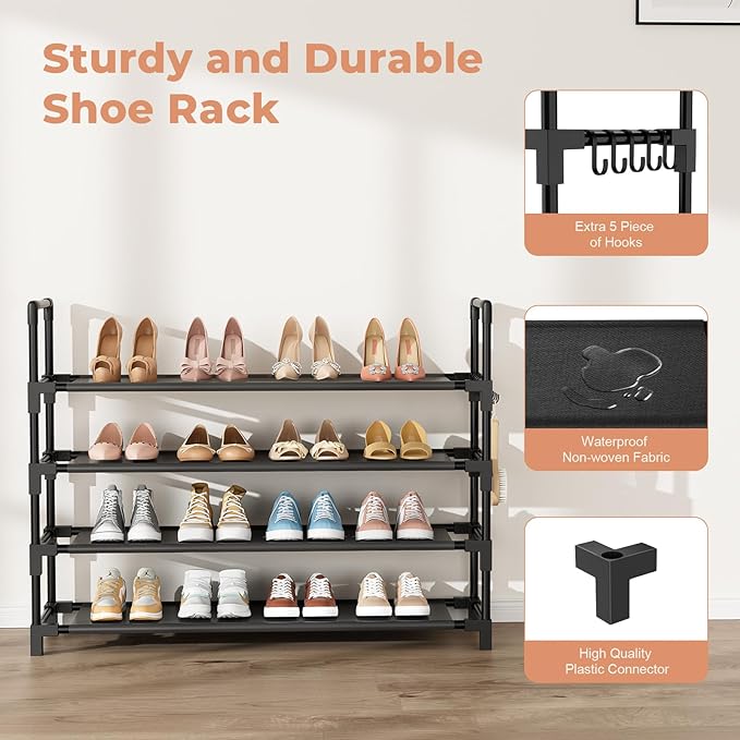 4 Tier Shoe Rack, Shoe Organizer Storage for 16-20 Pair Boot and Sneaker, Stackable Free Standing Shoe Shelf with Hooks and Side Pocket, Space Saving Shoes Rack for Closet, Entryway-NeatNest